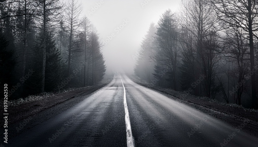 Long foggy mystery road in the dark woods Long foggy mystery road in the dark woods