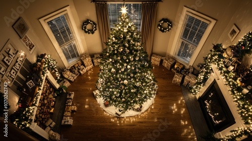 A Christmas tree surrounded by sparkling lights, ornaments, and gift boxes. photo