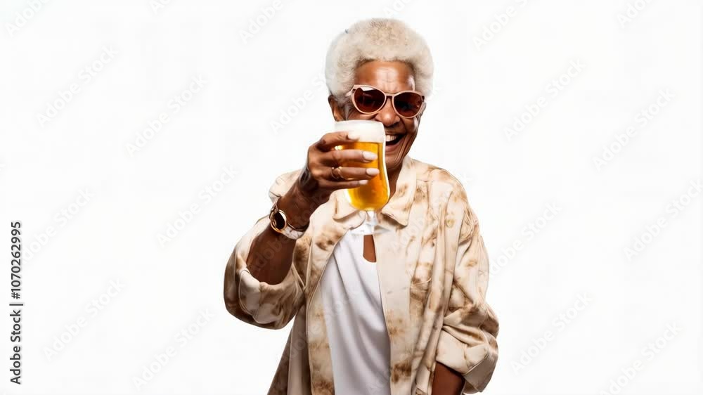 Funny African American senior woman drinking beer on white background Funny African American senior woman drinking beer on white background