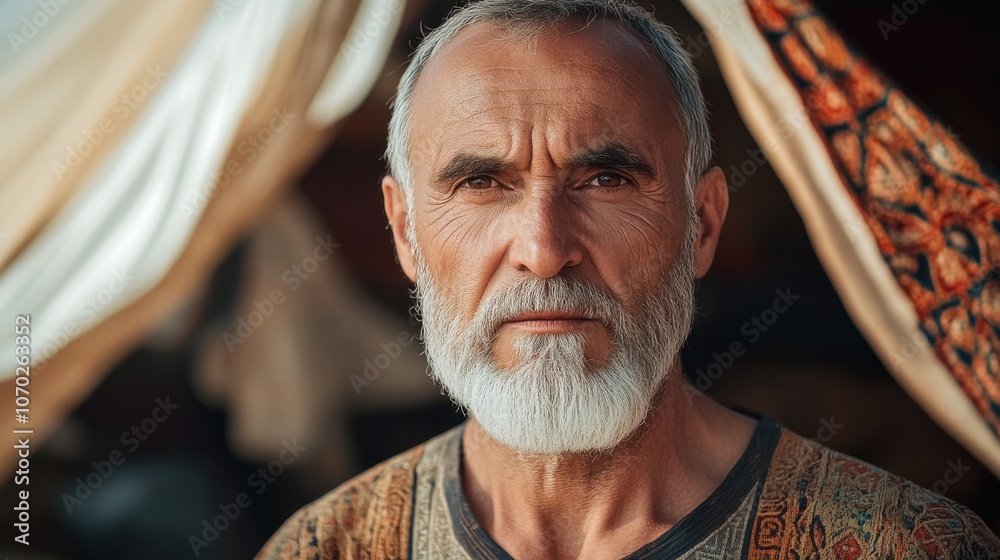 A wise elderly man dressed in traditional attire gazes thoughtfully while standing outside a colorful tent in a desert setting during golden hour A wise elderly man dressed in traditional attire gazes thoughtfully while standing outside a colorful tent in a desert setting during golden hour