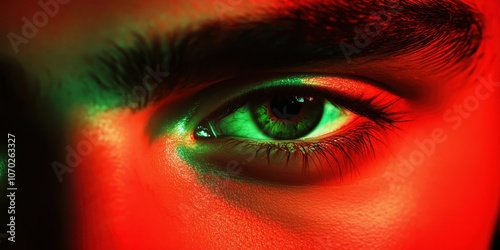 Close-up of eye with green and red lighting 