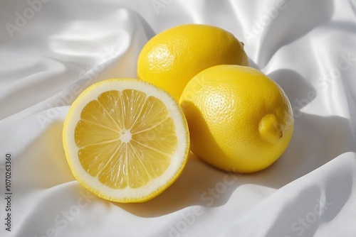 Fresh lemons on a silky background, showcasing vibrant color and texture. photo