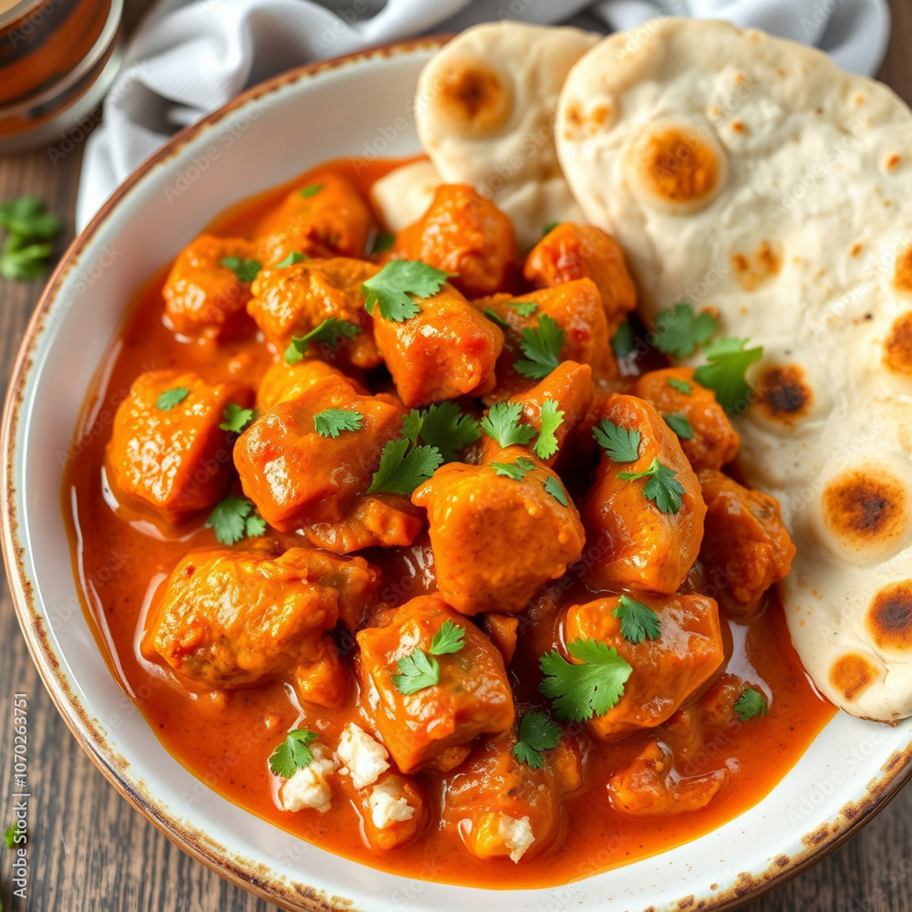 Delicious Indian butter chicken served with naan bread and garnished with fresh cilantro, vibrant colors, aromatic spices Delicious Indian butter chicken served with naan bread and garnished with fresh cilantro, vibrant colors, aromatic spices