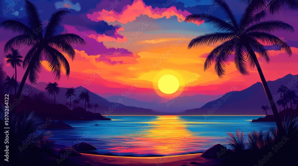 Vibrant tropical sunset with palm silhouettes Vibrant tropical sunset with palm silhouettes