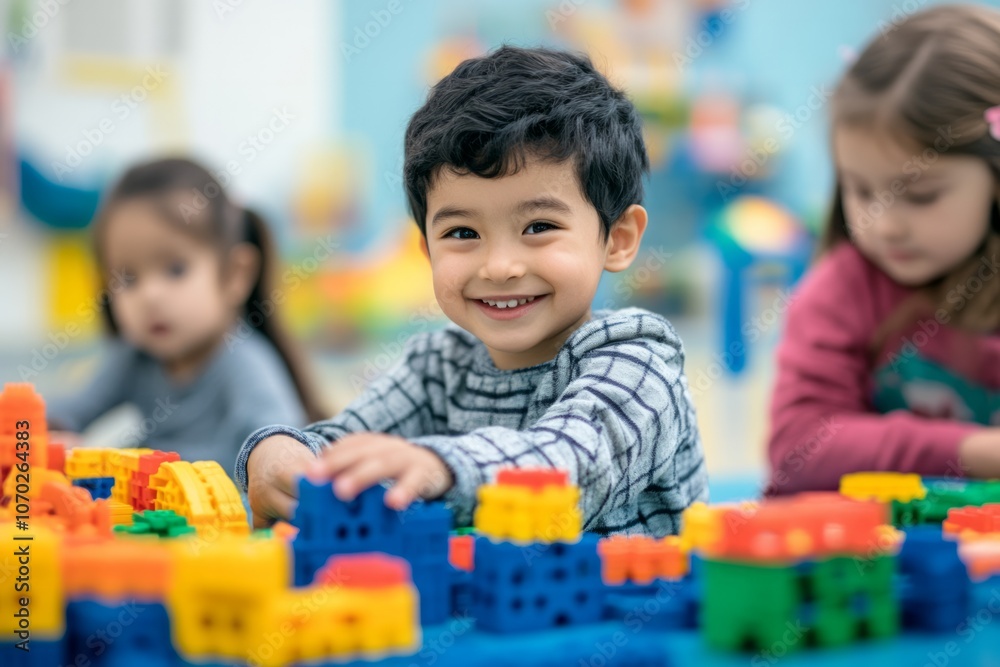 Nursery school. Toddlers and their teacher playing with colorful plastic playhouses, Nursery school. Toddlers and their teacher playing with colorful plastic playhouses,
