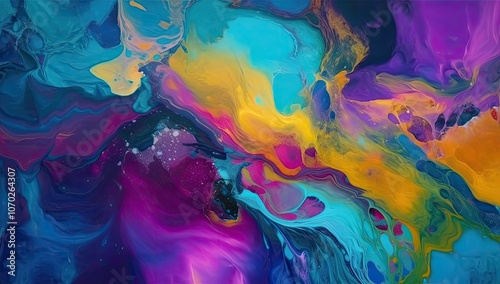 gorgeous abstract background, painting in blue, yellow, purple and turquoise flowing colour 