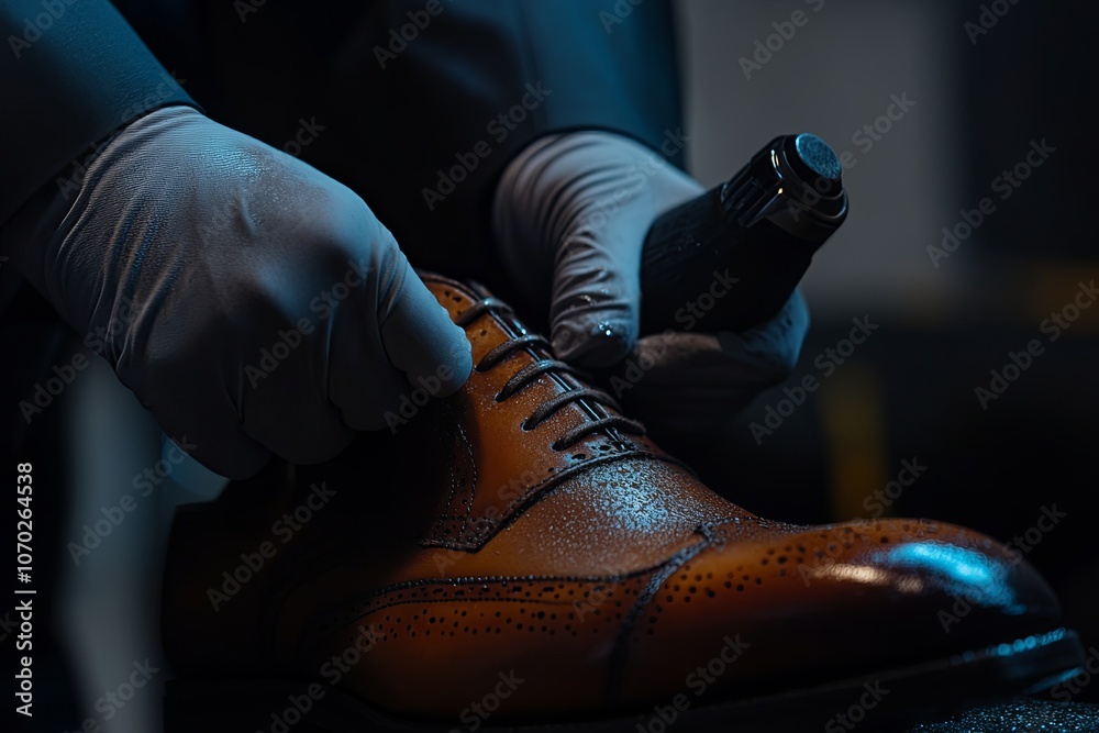 Fototapeta premium A man carefully polishing a brown leather dress shoe in a dimly lit space, highlighting craftsmanship and attention to detail. Generative AI