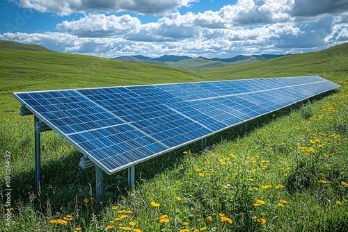 Close up solar panels farm in green fields. Renewable energies concept. photo