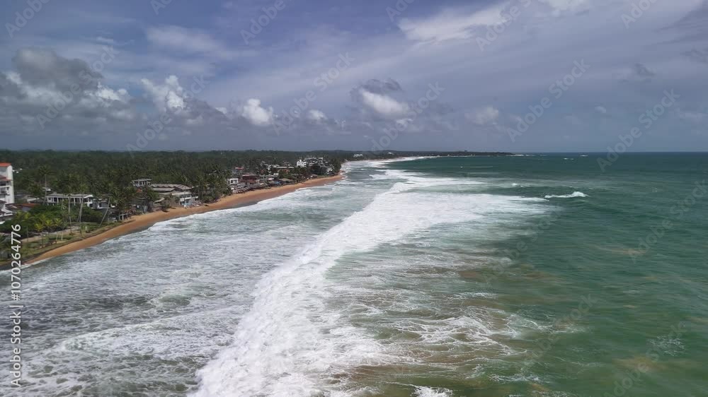 Sri Lanka exotic holiday destination palm tree, aerial above ocean waves