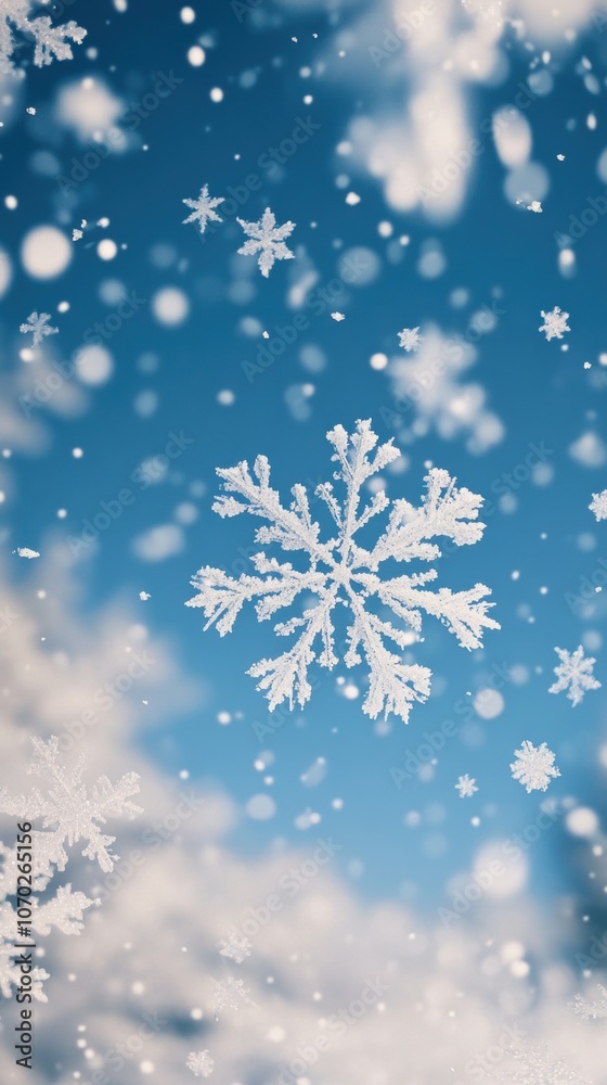 Delicate snowflakes fall gracefully against a vibrant blue sky, capturing the essence of winter serenity and the beauty of nature's icy art in this picturesque winter landscape Delicate snowflakes fall gracefully against a vibrant blue sky, capturing the essence of winter serenity and the beauty of nature's icy art in this picturesque winter landscape