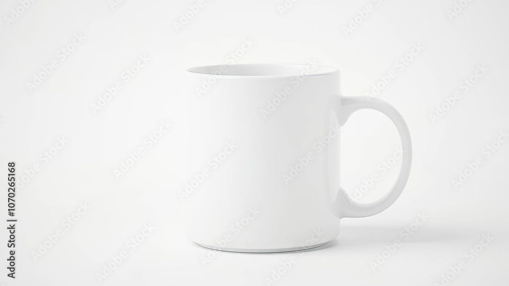 Fototapeta premium A clean white mug with a rounded handle rests against a stark white backdrop, ready for personalization.