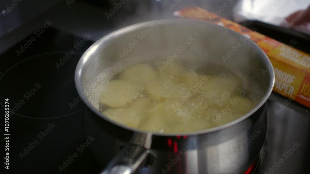 Potatoes boiling in a stainless steel pot on a stove top, with steam rising as bubbles form on the water’s surface. A roll of grease proof paper sits nearby, hinting at ongoing kitchen preparations Potatoes boiling in a stainless steel pot on a stove top, with steam rising as bubbles form on the water’s surface. A roll of grease proof paper sits nearby, hinting at ongoing kitchen preparations