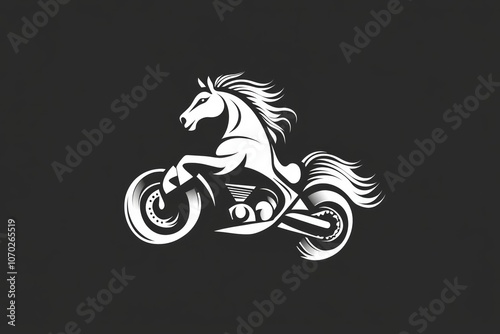 minimal half horse-motorcycle logo, black and white photo