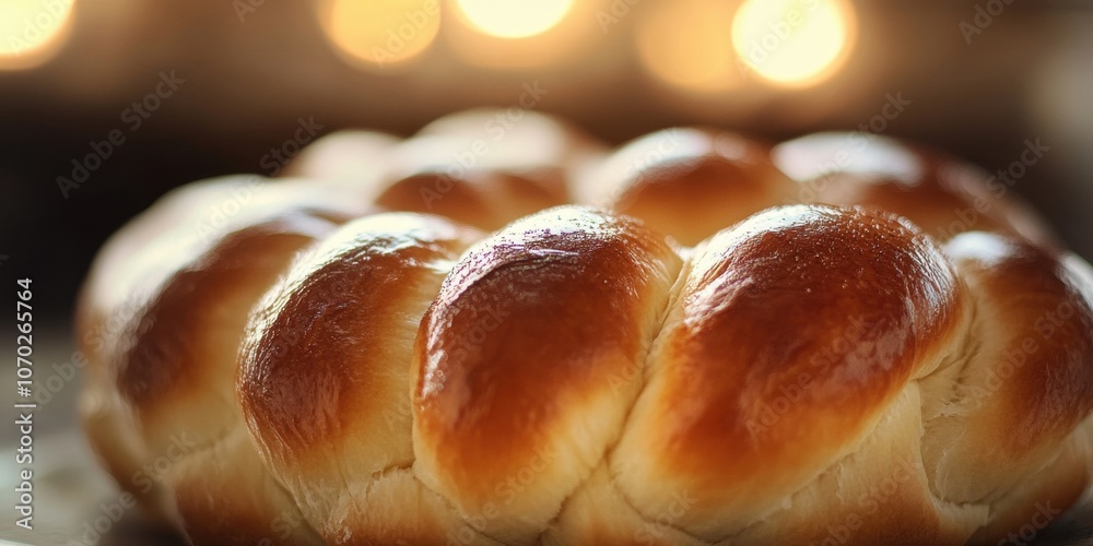 Freshly baked golden challah bread resting on a warm countertop surrounded by a soft glow from ambient lighting during a cozy evening gathering Freshly baked golden challah bread resting on a warm countertop surrounded by a soft glow from ambient lighting during a cozy evening gathering