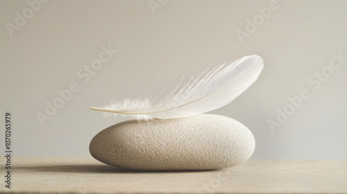 Single feather balanced on a smooth pebble against a neutral background for a sense of lightness and balance