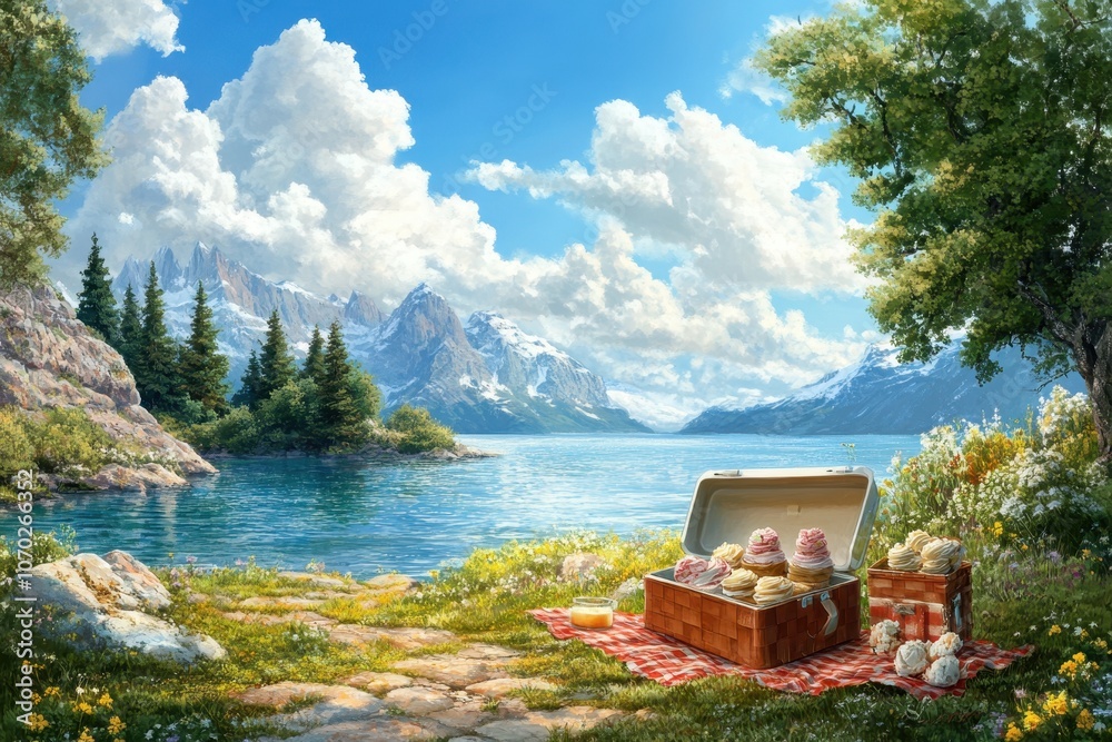A serene lakeside picnic with a cooler full of ice cream treats and a beautiful landscape. A serene lakeside picnic with a cooler full of ice cream treats and a beautiful landscape.