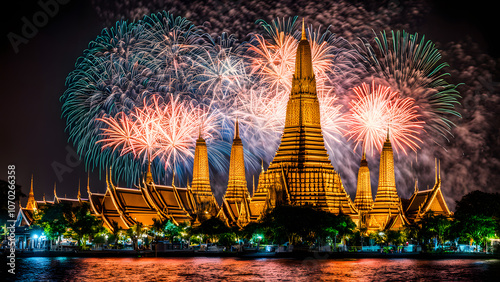 Midnight fireworks illuminating the golden spires of bangkoks wat arun temple, AI Generated photo