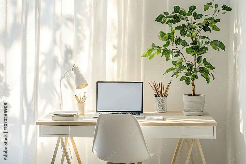 Fototapeta premium Laptop on white desk in sunny room with plant