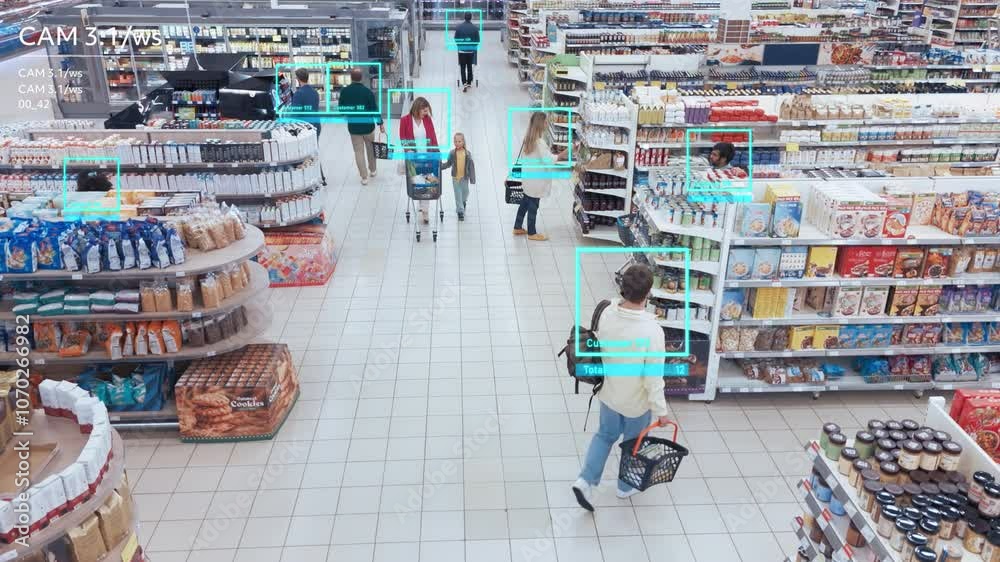 AI-powered Mock-up CCTV Footage in Supermarket: People Shopping in a Grocery Store. Multiple Camera Detect Suspicious Crime Activity, Activates Theft Prevention Identity Analysis. 360 Camera at Work