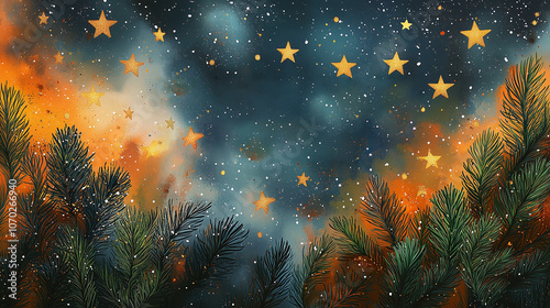 Christmas design background for Cgristmas cards, banner, wallpaper, Wood, branches, night sky, forest, stars, northen lights. Fairytale deep blue festive bacdrop, place for text. Gretting card photo