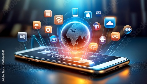 Wallpaper Mural Smartphones display a holographic world surrounded by application icons and app usage. Torontodigital.ca