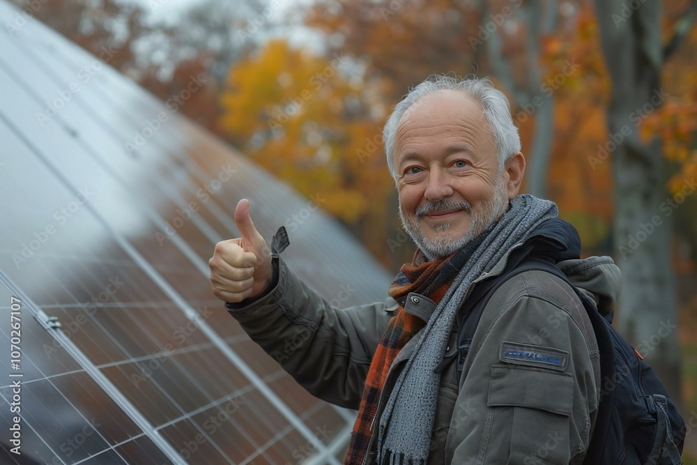 mature man posing with a photovoltaic solar panel giving a thumbs up gesture, symbolizing green energy and sustainability. mature man posing with a photovoltaic solar panel giving a thumbs up gesture, symbolizing green energy and sustainability.