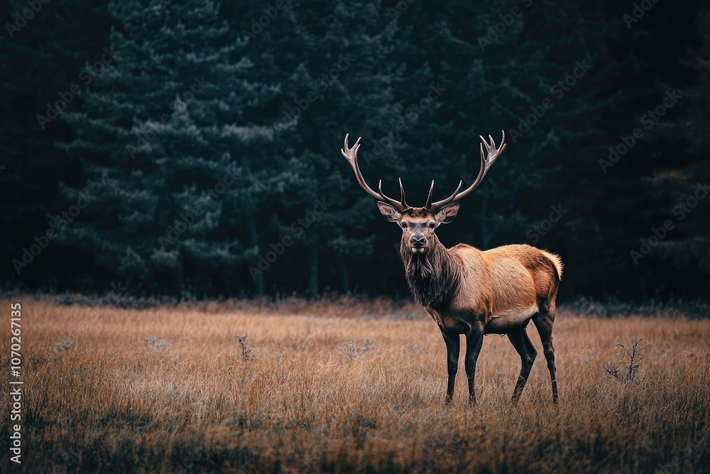 Obraz premium A majestic deer with impressive antlers stands gracefully in a field