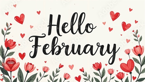 Hello FEBRUARY background with flowers, hearts and leaves.February decoration. February month illustration
