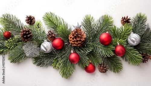 Wallpaper Mural White background with festive green garland decorated with red ornaments and silver pine nuts. Torontodigital.ca