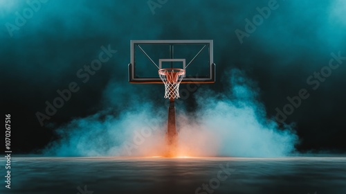 basketball court with a lit hoop surrounded by dramatic blue smoke