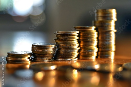 close-up shot of a stack of coins on a wooden table, symbolizing concepts like interest, salary, increase, tax, inflation, profit, and savings.