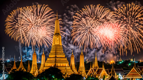 Midnight fireworks illuminating the golden spires of bangkoks wat arun temple, AI Generated photo