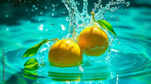 A Vibrant Splash of Yellow Citrus Fruit Falling into Clear Aqua Water With Green Leaves