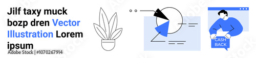 Potted plant line art, geometric analysis graph, and person displaying cash back offer. Ideal for financial services, educational materials, e-commerce, web graphics, presentations, marketing