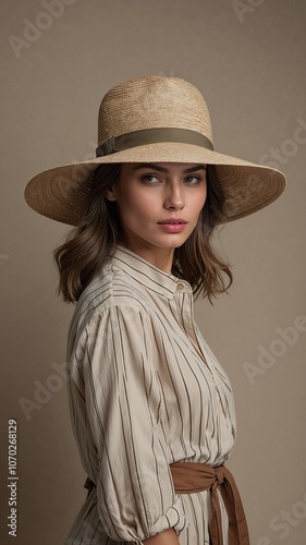 Woman wearing a wide-brimmed straw hat paired with a light striped dress, exuding elegance and a natural summer look against a neutral backdrop