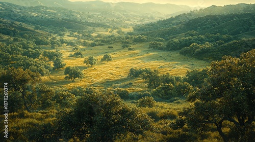 16 Fading greenery in a droughtstricken valley, once lush but now browning under the El Nino heat, aerial view, high noon light, muted greens and browns, vast sense of loss photo