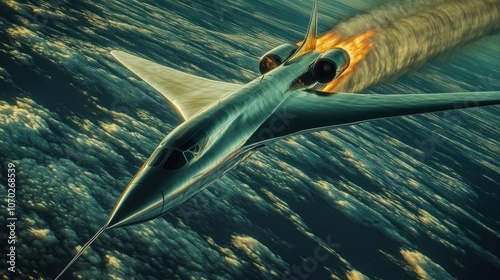 Aerial close-up of a jet plane breaking the sound barrier, with a visible sonic boom forming around the plane body photo