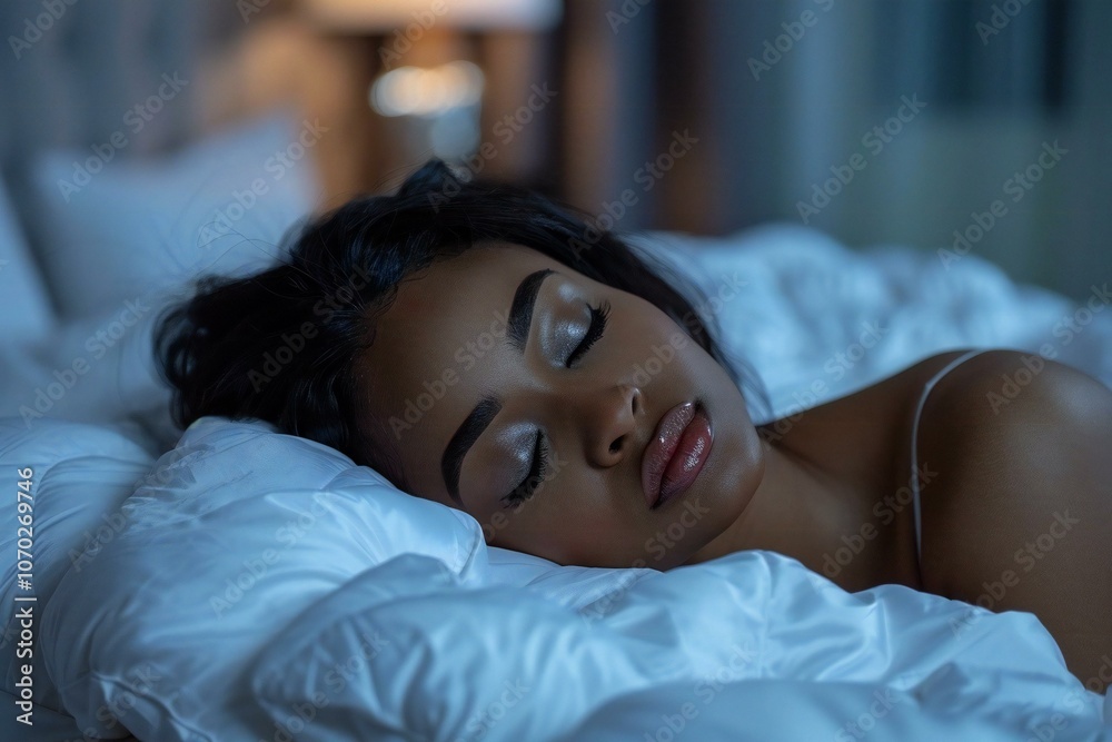 Close-up shot of a young African woman peacefully sleeping in her bed, capturing the beauty and tranquility of sleep. Close-up shot of a young African woman peacefully sleeping in her bed, capturing the beauty and tranquility of sleep.
