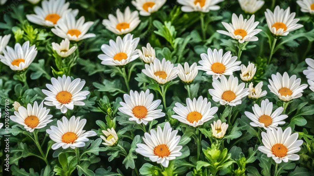 © Veronika - A vibrant display of white daisies blooming in a lush garden during early spring with bright orange centers attracting pollinators © Veronika - A vibrant display of white daisies blooming in a lush garden during early spring with bright orange centers attracting pollinators