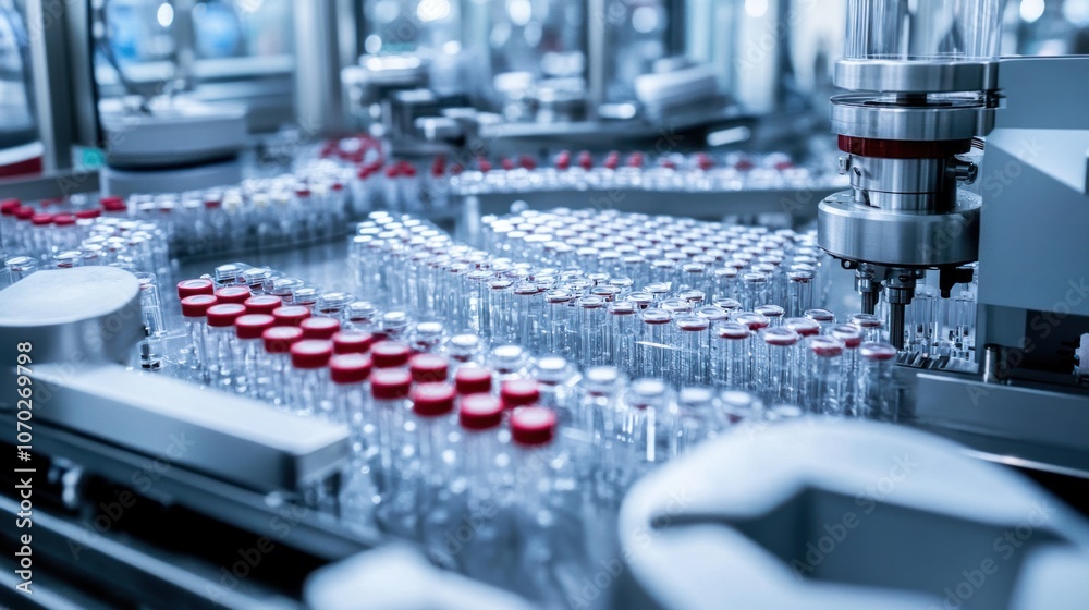 Obraz premium Aerial panorama of a pharmaceutical production floor, with assembly-line machinery at the top section carefully handling syringes