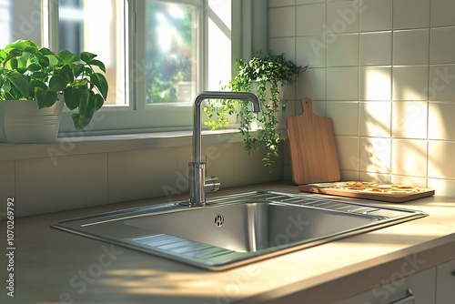 Bright and inviting kitchen sink area with fresh plants and a wooden cutting board during daytime photo