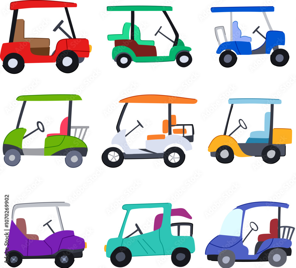 Fototapeta premium golf cart set cartoon. club course, speed battery, turf green golf cart sign. isolated symbol vector illustration