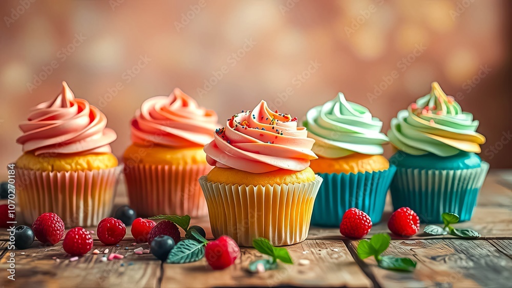 A delectable arrangement of frosted cupcakes adorned with colorful sprinkles, resting on a rustic wooden surface surrounded by scattered blueberries and fresh red raspberries. A delectable arrangement of frosted cupcakes adorned with colorful sprinkles, resting on a rustic wooden surface surrounded by scattered blueberries and fresh red raspberries.