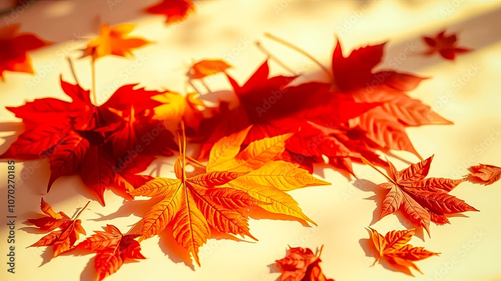 A delicate scattering of autumn leaves, showcasing vibrant hues of red, orange, and yellow, bathed in soft, natural light. A delicate scattering of autumn leaves, showcasing vibrant hues of red, orange, and yellow, bathed in soft, natural light.