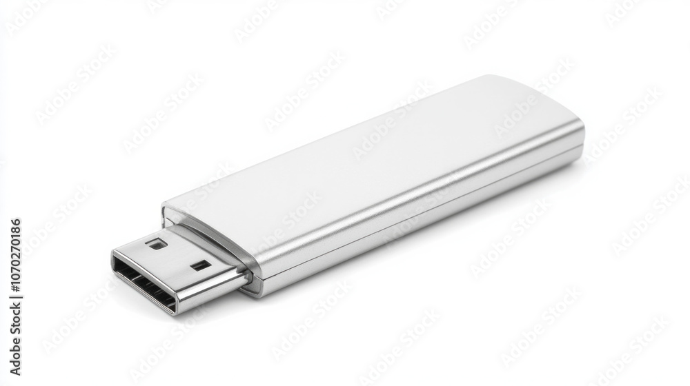 A silver flash drive lying on a clean white background, ready for data storage and transfer in a modern office setting A silver flash drive lying on a clean white background, ready for data storage and transfer in a modern office setting