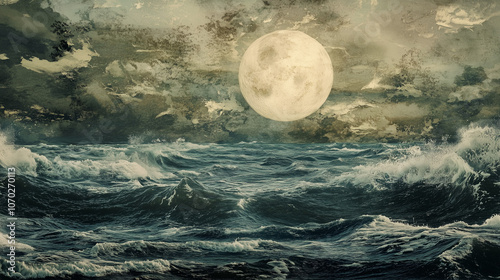 Full moon over stormy ocean waves
