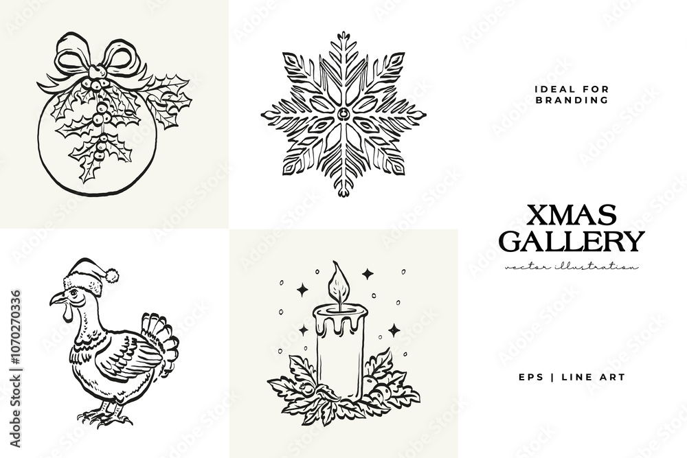 Merry Christmas and Happy New Year illustration, for greeting cards, posters, holiday covers. Xmas festive linocut black hand drawn. Merry Christmas and Happy New Year illustration, for greeting cards, posters, holiday covers. Xmas festive linocut black hand drawn.