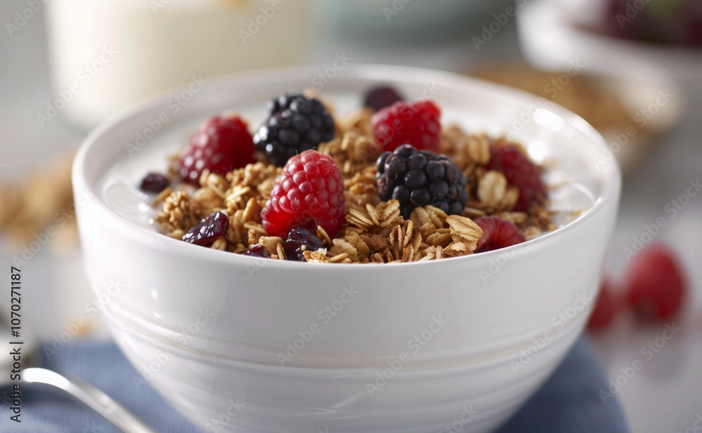 Delicious granola topped with fresh berries and milk served in a white bowl for a healthy breakfast or snack option Delicious granola topped with fresh berries and milk served in a white bowl for a healthy breakfast or snack option