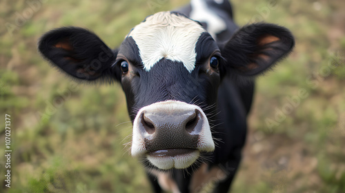 Animal cow looks at the camera, farm