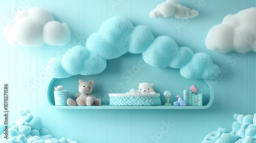 Cloudshaped shelves with soft toys, baby room design, 3D illustration photo